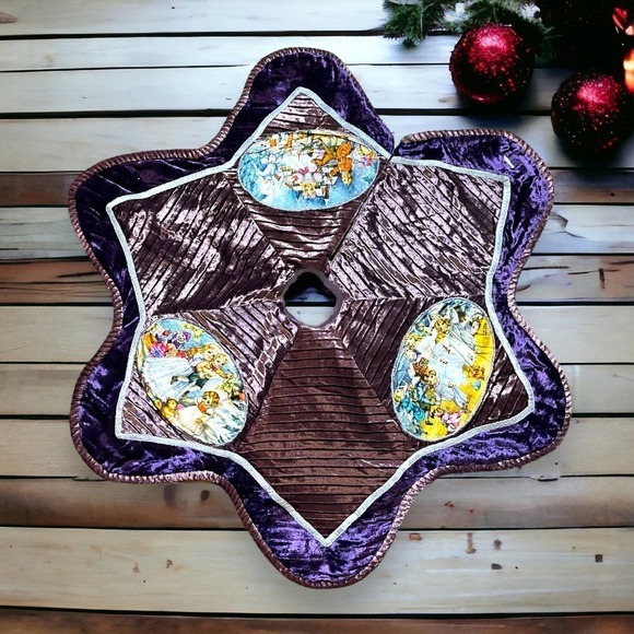 VTG Handmade Tree Skirt Christmas Holiday Children Winter Star Purple Velvet - Picture 1 of 9